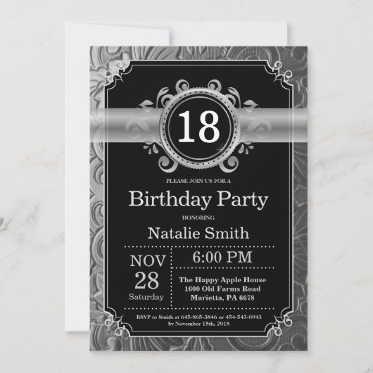 18th Birthday Invitation Black en Silver Glitter Kaart (Voorkant)