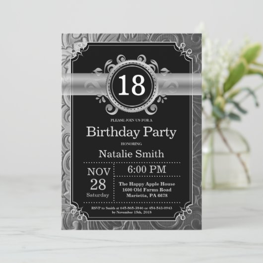 18th Birthday Invitation Black en Silver Glitter Kaart (Staand voorkant)