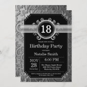 18th Birthday Invitation Black en Silver Glitter Kaart (Voorkant / Achterkant)