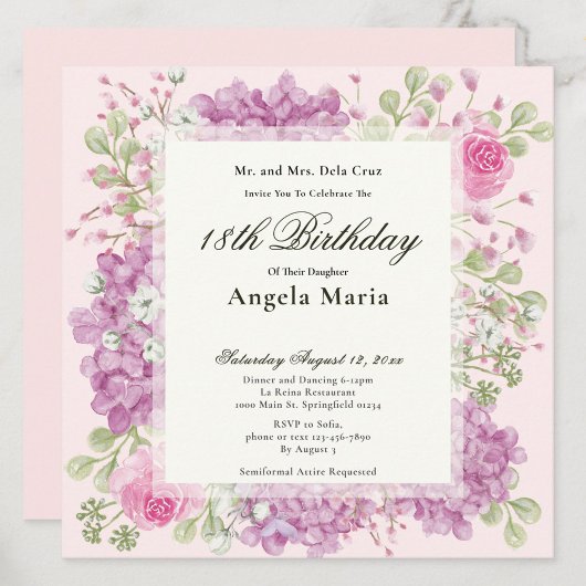 18th Birthday Invitation Elegant Pink Flowers Kaart