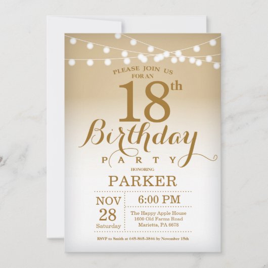 18th Birthday Invitation Gold String Lights Kaart (Voorkant)