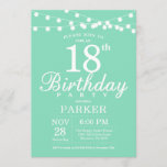 18th Birthday Invitation Mint Green Kaart<br><div class="desc">18e verjaardag Uitnodiging met de Lichten van het Koord. Mint groene achtergrond. Mannen of Women Lady Elegant bday Invite. 13e 15e 16e 18e 21e 30e 40e 50e 60e 70e 90e 100e, elke leeftijd. Voor verdere aanpassing, te klikken gelieve de knoop "van de Aanpassing het"en ons ontwerphulpmiddel te gebruiken om deze...</div>