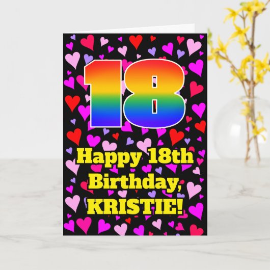 18th Birthday: Loving Hearts Pattern, Rainbow # 18 Kaart (Gele Bloem)