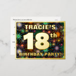 18th Birthday Party: Bold, Colorful Fireworks Look Folie Uitnodiging Briefkaart<br><div class="desc">The front of this bold eighteenth birthday party foil Nolicitation postcard design features a customizable name, a large number "18th", the message "BIRTHDAY PARTY!", and a border. The background of the front has a joyful, colorful pattern that resembles bursting celebratory fireworks. The back features personalized details about the event, such...</div>