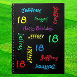 18th Birthday Party Guest Book, Repat Name Black Notitieboek<br><div class="desc">Wat een prachtig, gepersonaliseerd Spiral Notitieboek Guest Book voor een 18e verjaardagsfeestje of een andere gelegenheid. Op de omslag, herhalen de Naam en de Leeftijd in verschillende doopvonten en primaire kleuren op een zwarte achtergrond. Gemakkelijk om te personaliseren - enkel de NAAM, de LEEFTIJD, en de OCCASIE van de VERANDERING...</div>