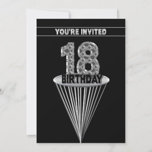 18th Birthday Party Invitation - Silver and Black, Kaart (Voorkant)