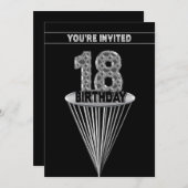 18th Birthday Party Invitation - Silver and Black, Kaart (Voorkant / Achterkant)