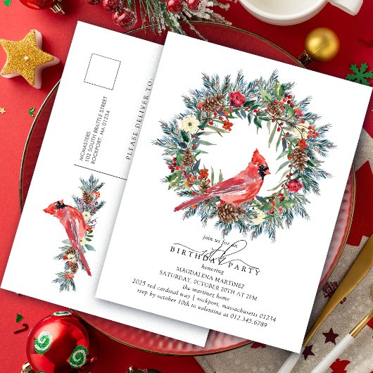 18th Birthday Party Red Cardinal Wreath Uitnodiging Briefkaart