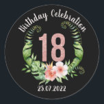 18th Birthday Party roos gouden glitter aangepaste Ronde Sticker<br><div class="desc">Elegante klassieke ronde sticker met een rozen gouden glitter 18 verfraaid met een bloemenkrans. Perfect voor uw uitnodigingscorrespondentie voor verjaardagsfeestjes. Aanpassen met jouw tekst.</div>