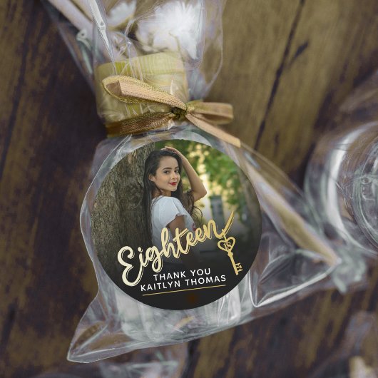 18th Birthday photo script gold effect 18 key Ronde Sticker