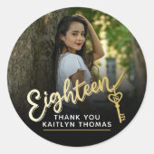 18th Birthday photo script gold effect 18 key Ronde Sticker (Voorkant)