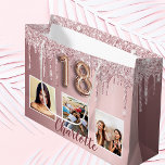 18th birthday pink glitter drips photo monogram groot cadeauzakje<br><div class="desc">A gift bag for a girly and glamorous 18th birthday. A pink faux metallic looking background with faux glitter drips, paint dripping look. Personalize and add 3 photos and a name. Number 18 is written with a balloon style font. Perfect as a party favor bag or as a gift bag....</div>