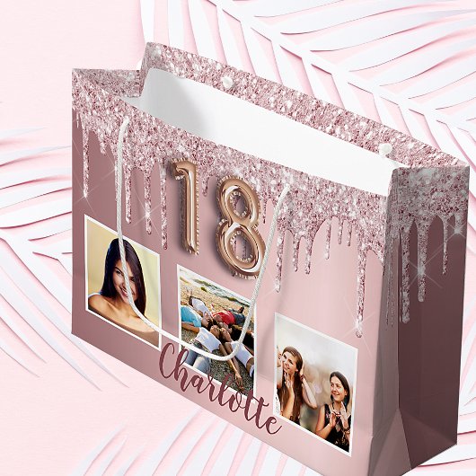 18th birthday pink glitter drips photo monogram groot cadeauzakje