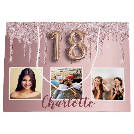 18th birthday pink glitter drips photo monogram groot cadeauzakje (Voorkant)