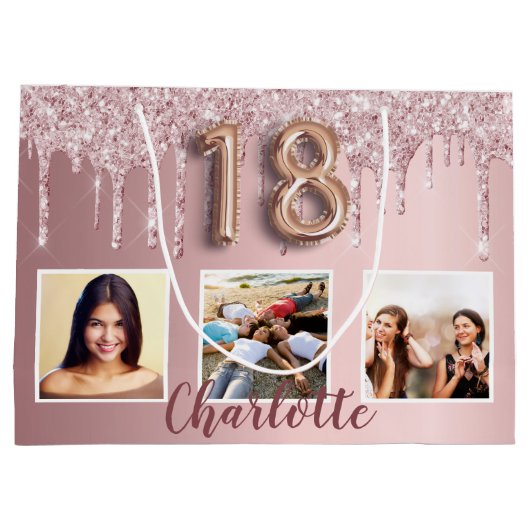 18th birthday pink glitter drips photo monogram groot cadeauzakje (Achterkant)