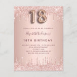 18th Birthday roos Gold glitter roze luxe Uitnodiging Briefkaart<br><div class="desc">Een moderne, stijlvolle en glamoureuze uitnodiging voor het 18e verjaardagsfeest van een meisje. Een faux roos gouden metallic uitziende achtergrond met een elegante faux roos gouden glitter druppel, lak druppel look. De naam is geschreven met een modern donker roos goudkleurig handschrift. Personaliseer en voeg uw feestdetails toe. Nummer 18 is...</div>