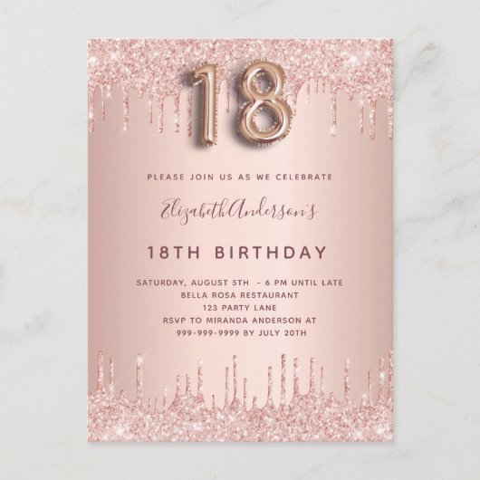 18th Birthday roos Gold glitter roze luxe Uitnodiging Briefkaart (Voorkant)
