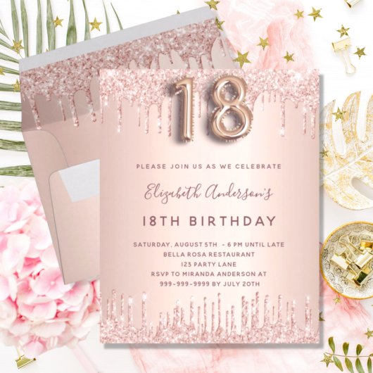 18th Birthday roos gouden glitter budget uitnodigi