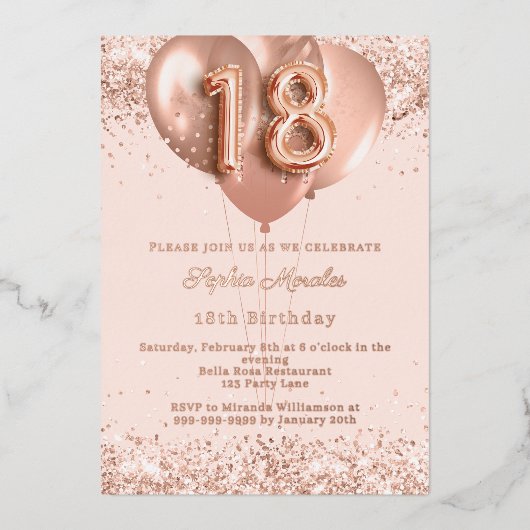 18th birthday rose gold balloons invitation folie uitnodiging (Voorkant)