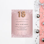 18th Birthday roze stoffige roos glitter roze luxe Uitnodiging Briefkaart<br><div class="desc">Een moderne, stijlvolle en glamoureuze uitnodiging voor het 18e verjaardagsfeest van een meisje. Een stoffige roos, roze metalen achtergrond met faux glitter drip, verfdruppelaar. De naam wordt geschreven met een modern donkergrijs gekleurd handgeschreven stijlmanuscript met letters. Pas je partijgegevens aan en voeg deze toe. Nummer 18 wordt geschreven met een...</div>