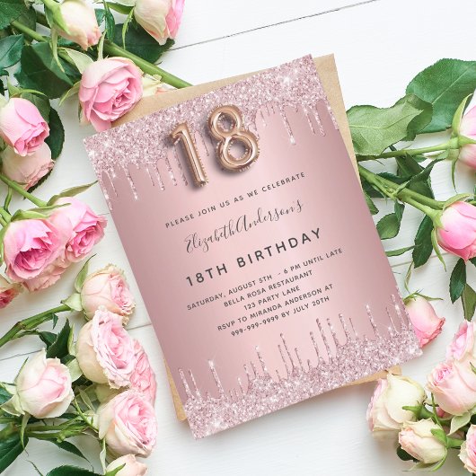 18th Birthday roze stoffige roos glitter roze luxe Uitnodiging Briefkaart