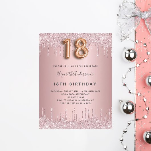 18th Birthday roze stoffige roos glitter roze luxe Uitnodiging Briefkaart