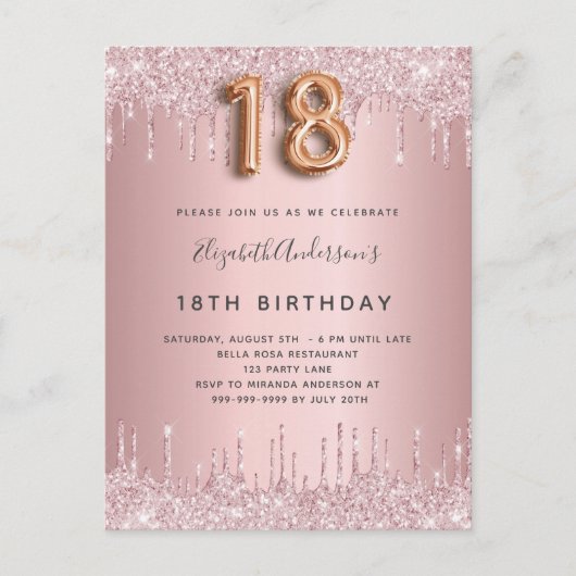 18th Birthday roze stoffige roos glitter roze luxe Uitnodiging Briefkaart (Voorkant)