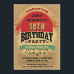 18th Birthday  Typography Grunge Kaart<br><div class="desc">Funky 18e verjaardag nodigt sjabloon uit. Tienermeisjes of jongens, kleurrijke retro stijl 18e verjaardagsfeest nodigt uit. Tieners betaalbaar aangepast, achttiende / achttiende jaar oud / 18 jaar verjaardagsfeestdag uitnodigingen met een prachtig, elegant, groovy, retro-themed design met een grijze ster-burstvectorillustratie in rode, bruine kalligrafische en kalligrafische draaikrokken en bloemenversieringen en trendy...</div>