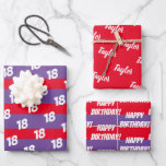 18th Happy Birthday Naam toevoegen Inpakpapier Vel<br><div class="desc">Een 18e verjaardagsviering - Voeg een naam toe,  pas de leeftijd aan en zeg Happy Birthday met deze gepersonaliseerde geschenkverpakking voor 3 vellen in paarse,  rood en wit om de speciale dag te helpen vieren.</div>
