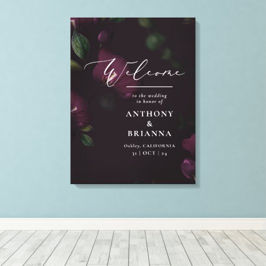 18x24" Moody Paarse Bloom Grunge Bruiloft Welkom Canvas Afdruk (Insitu (Houten vloer))