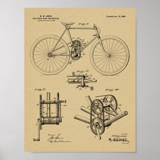 1900 High Speed Gear Bicycle Design Patent Print (Voorkant)