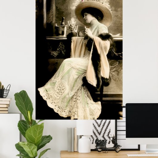 1900 Parisian Woman Drink Champagne Poster (Thuiskantoor)