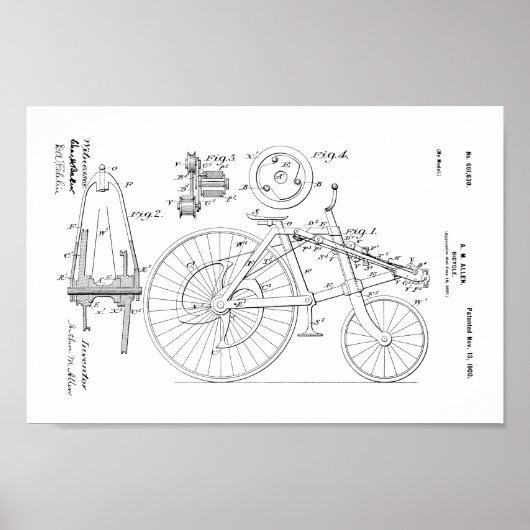 1900  US Patent Art-afdrukken voor fietsen Poster (Voorkant)