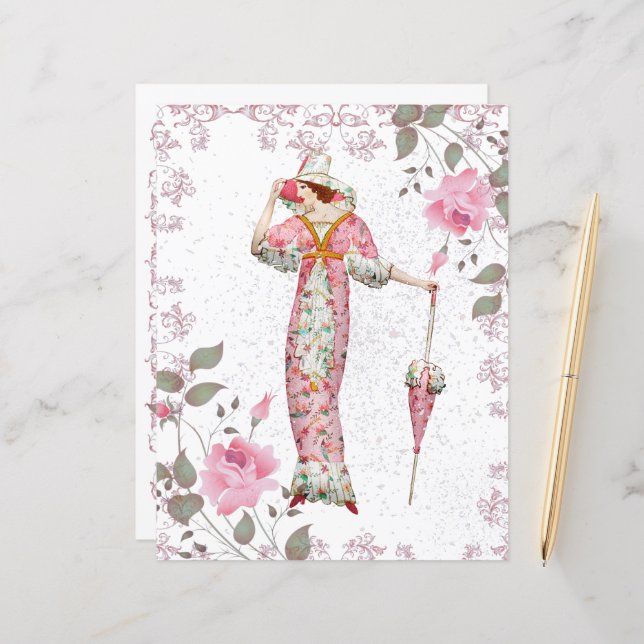  1900's Vrouw omlijst met Rozen (Voorkant / Achterkant in situ)