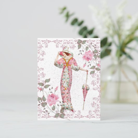  1900's vrouw omlijst met rozen briefkaart (Staand voorkant)