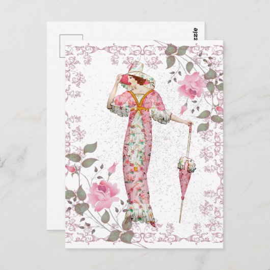 1900's vrouw omlijst met rozen briefkaart (Voorkant / Achterkant)