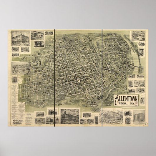1901 Allentown, PA Birds Eye Uitzicht Panoramic Ma Poster (Voorkant)