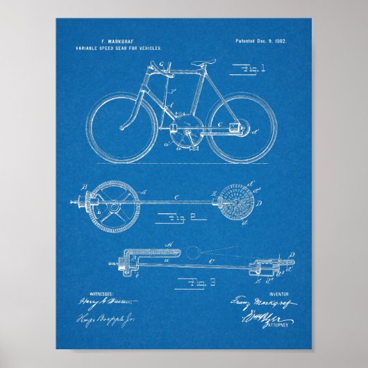 1902 Bicycle Gear Patent Art Drawing Print (Voorkant)