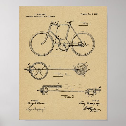 1902 Bicycle Gear Patent Art Drawing Print (Voorkant)