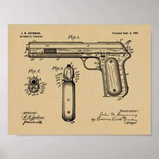 1902 Browning Pistool Patent Art Drawing Print (Voorkant)