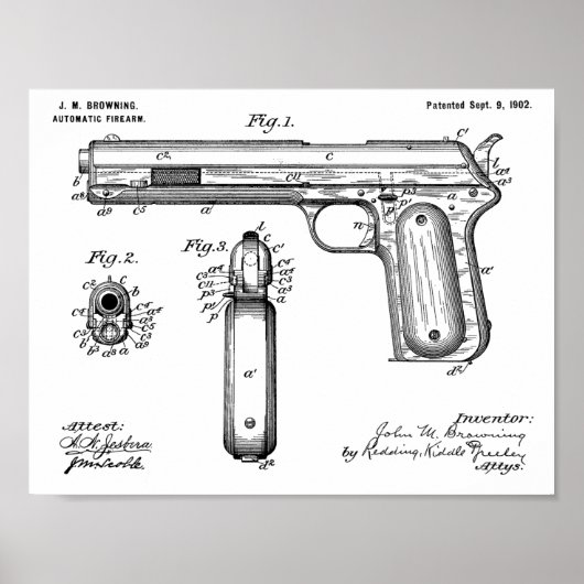 1902 Browning Pistool Patent Art Drawing Print (Voorkant)