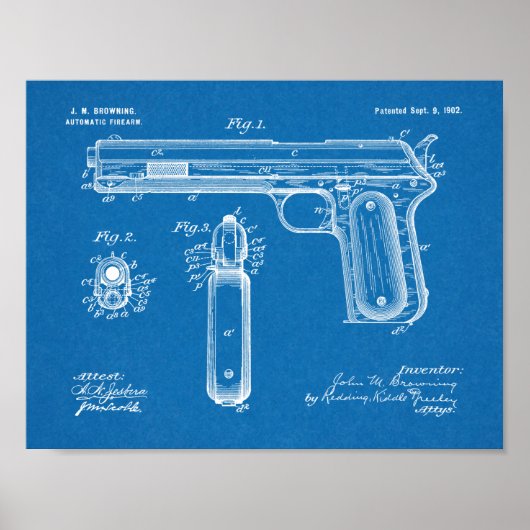 1902 Browning Pistool Patent Art Drawing Print (Voorkant)