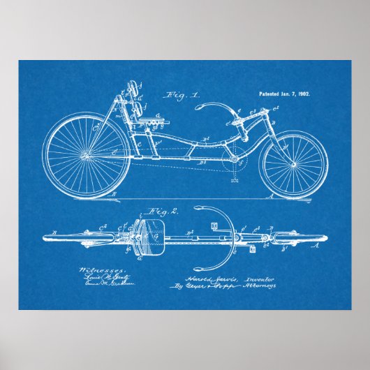 1902 Recumbent Bicycle Patent Blueprint Poster (Voorkant)