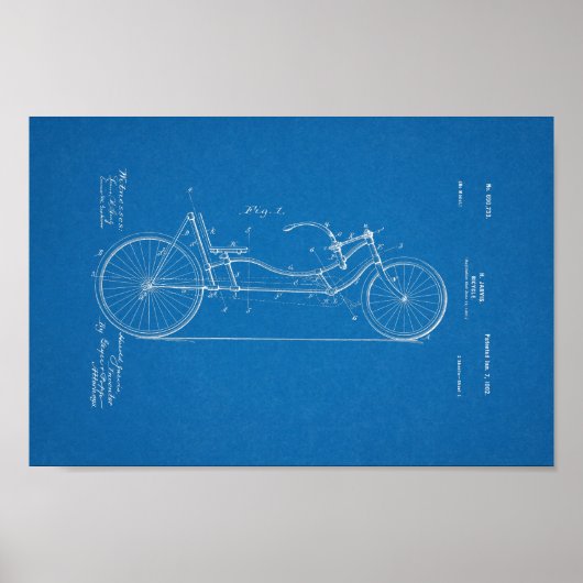1902 Vintage Bicycle Patent Print Blueprint Art (Voorkant)