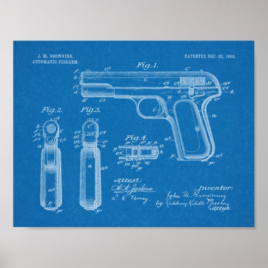 1903 Browning Pistool Patent Art Drawing Print (Voorkant)