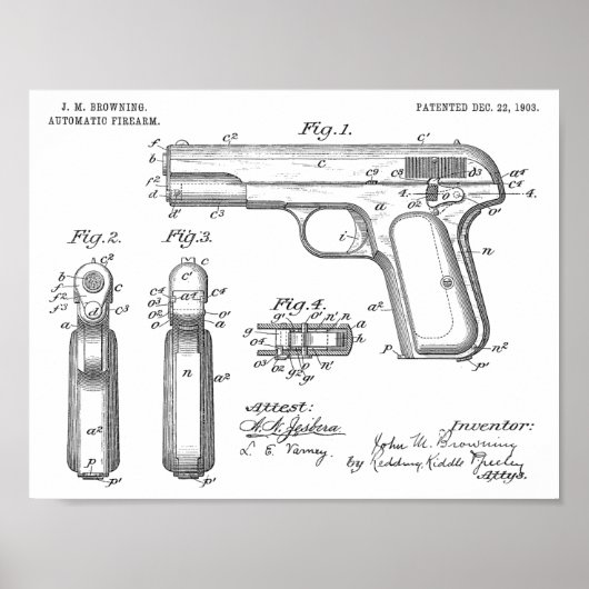 1903 Browning Pistool Patent Art Drawing Print (Voorkant)