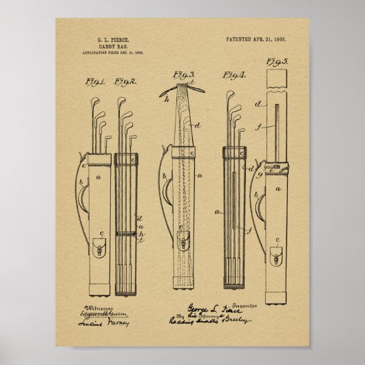 1903 Golf Club Caddy Bag Design Patent Art Print (Voorkant)