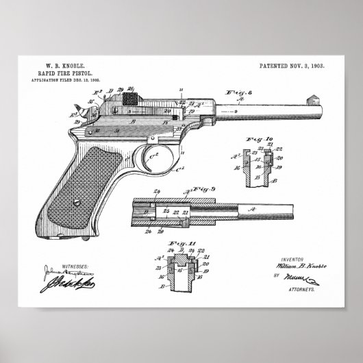 1903 Rapid Fire Pistool Patent Art Drawing Print (Voorkant)