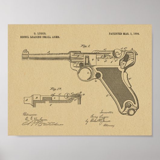 1904 Luger Pistool Patent Art Drawing Print (Voorkant)