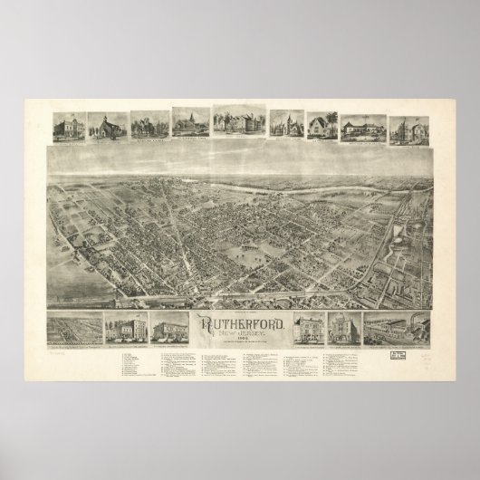 1904 Rutherford, NJ Birds Eye Uitzicht Panoramic M Poster (Voorkant)